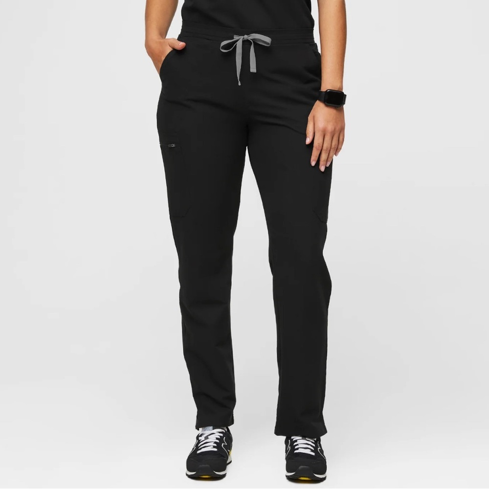 Figs Women's Straight Leg Scrub Pants in Black with Gray Drawstring